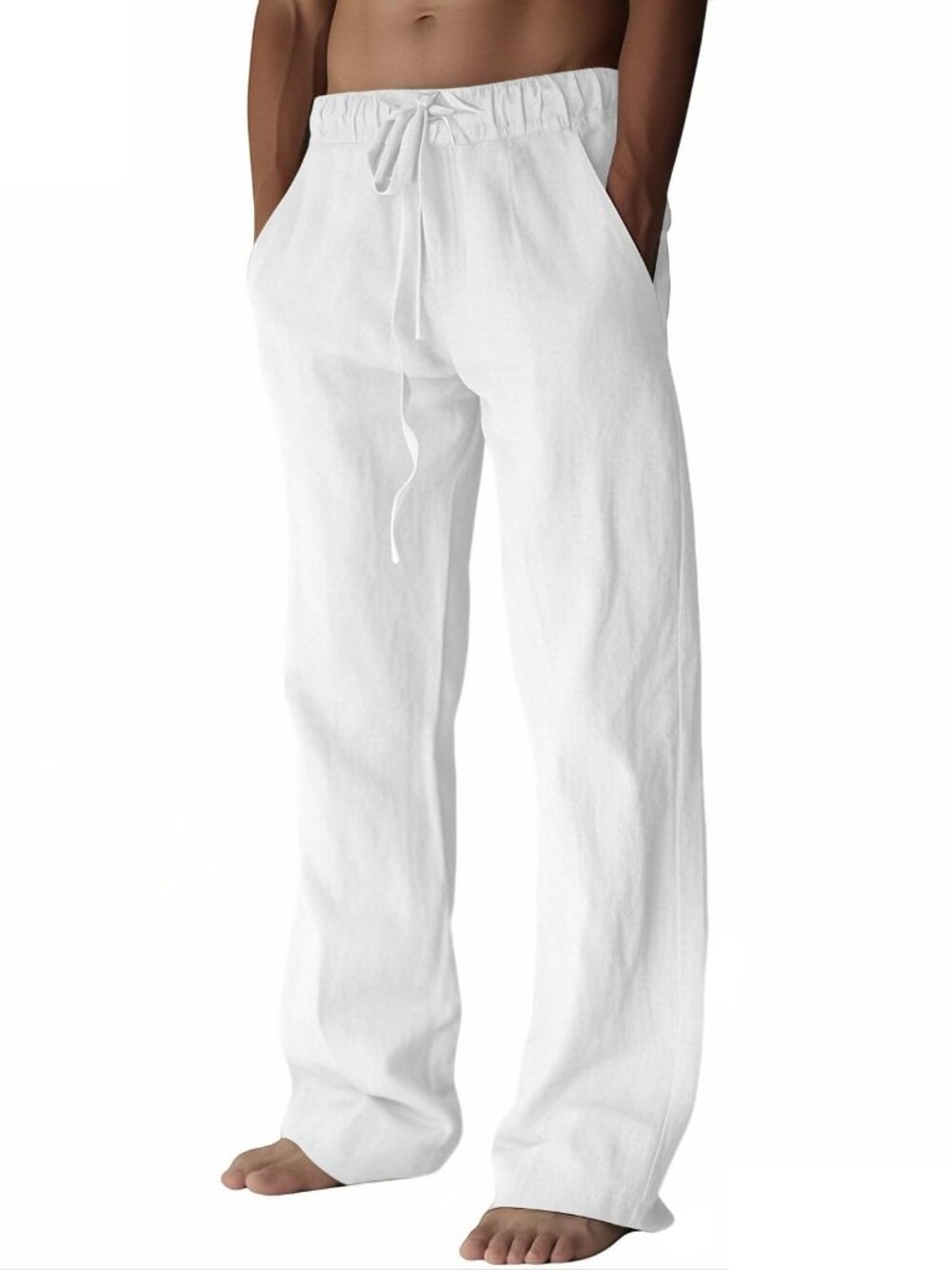 Mens Cotton Blend Pants Loose Fit Drawstring Beach Pants with Pockets White